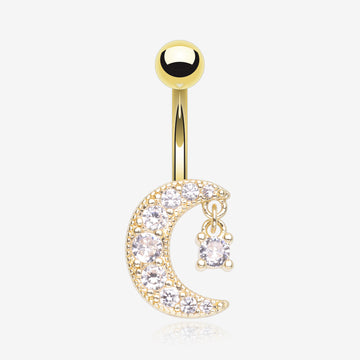 Golden Crescent Moon Dainty Sparkle Belly Button Ring-Clear Gem